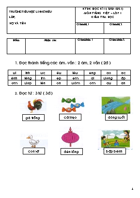 Đề kiểm tra định kì học kì I môn Tiếng Việt Lớp 1 (Chân trời sáng tạo) - Năm học 2020-2021
